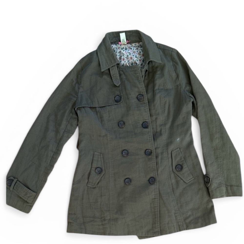 DownEast Olive Green Utility Jacket Military Chic Floral Lined Coat M